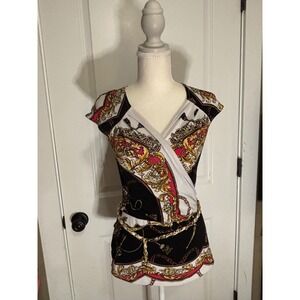 VINTAGE CACHE Baroque Chain Scarf Print Wrap Blouse with Chain Belt - Size XS